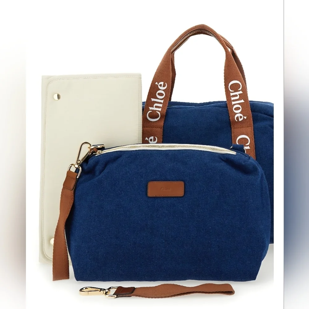 NWT Chloé Denim Blue Logo Baby Changing Diaper Bag Set Authentic